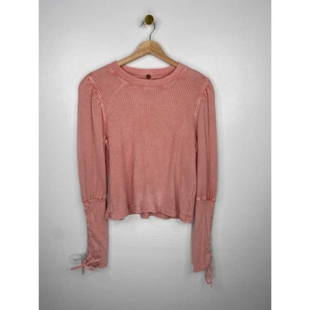 Free People Puff Sleeve Women's Tasha Thermal Top Pastel Pink Size: Small NWOT - Picture 2 of 7